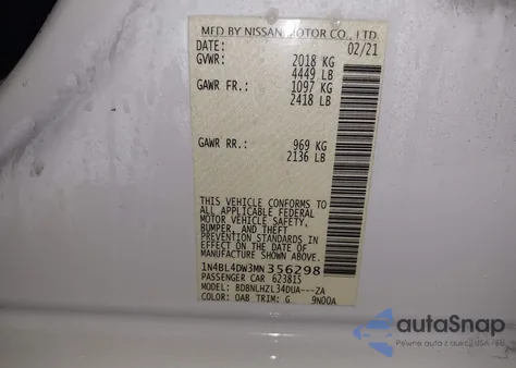 2021 Nissan Altima Sv Intelligent Awd z USA, uszkodzony, nr VIN 1N4BL4DW3MN356298